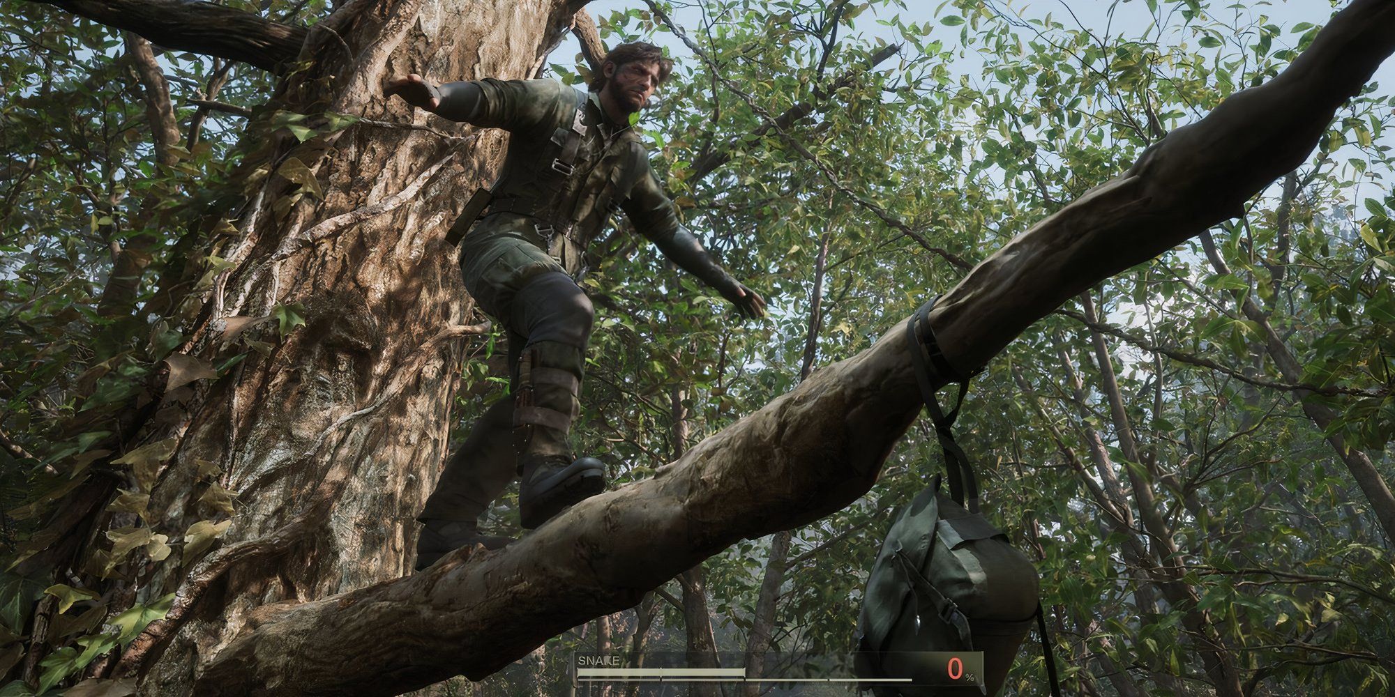 Snake climbing across a branch in Metal Gear Solid 3 Delta Snake Eater.