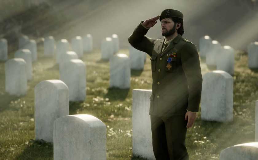 Snake standing at the Boss' grave in Metal Gear Solid Delta: Snake Eater.